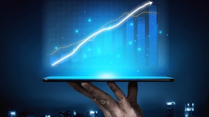 A hand holding a tablet displays a futuristic graph and chart representing business growth and digital innovation in a vibrant city environment. Copula