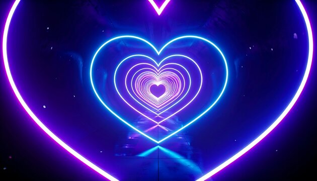 A tunnel of neon hearts, glowing purple and blue, creates a mesmerizing and romantic visual