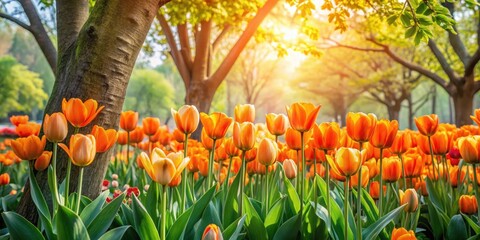 Vibrant orange tulips bloom under a tree's canopy in a lush spring garden