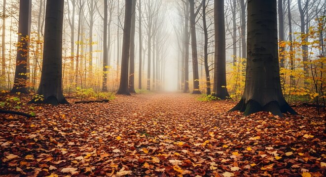 A serene forest path carpeted with fallen autumn leaves, leading into a bright, misty clearing amidst tall, bare trees. - Powered by Adobe