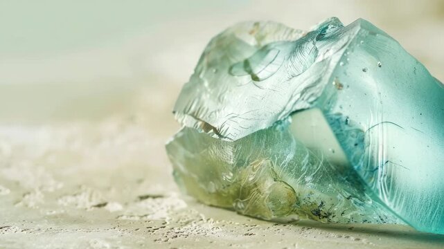 Clear, green-tinged crystal resting on sandy surface