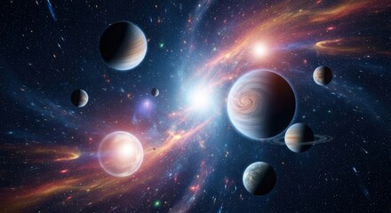 Obraz premium Stunning Cosmic Scene with Multiple Planets and Colorful Nebula in Vast Space Environment