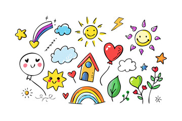 Cheerful cartoon doodles with sun clouds rainbow and house