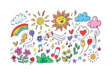 Cheerful doodle elements with sun clouds and flowers