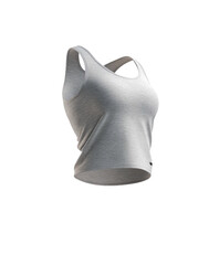Gray sleeveless top, rounded neckline, side view on black