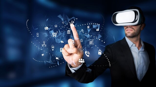 A businessman engages with a virtual reality interface, showcasing cutting-edge technology and immersive experiences in a contemporary office setting. Raster