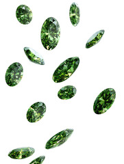 Green gems float on a black background