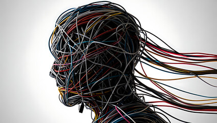 Abstract human head formed from colorful electrical wires