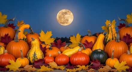 Autumn Pumpkins with Colorful Leaves and Full Moon in Clear Night Sky