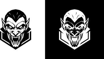 Logo Vector illustration of a menacing vampire head with sharp fangs and an evil grin, designed as a powerful mascot emblem for a sports team or gaming clan