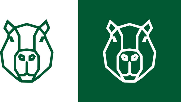 Minimalist geometric capybara head logos on white and dark green backgrounds, representing nature and wildlife conservation