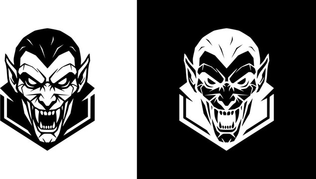 Logo Vector illustration of a menacing vampire head with sharp fangs and an evil grin, designed as a powerful mascot emblem for a sports team or gaming clan