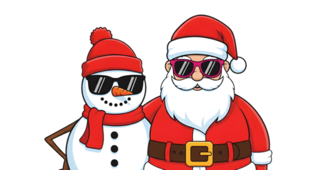 A cool snowman and santa claus wearing sunglasses, posing together with arms around each other, isolated on transparent background