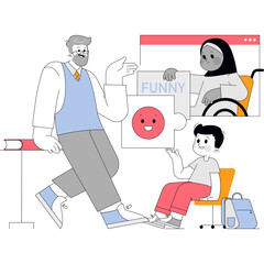 Diverse group of people interacting with digital interface elements showing emotions and text in a clean minimalist style with a transparent background