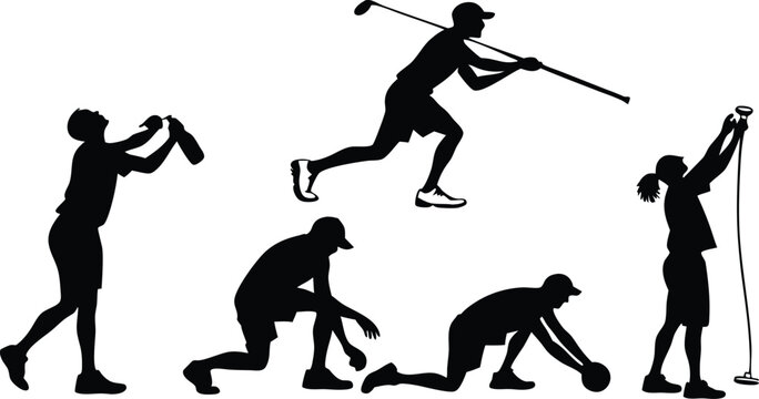 Dynamic golfers in motion practicing with clubs, silhouettes illustrate athleticism and precision, perfect for sports marketing