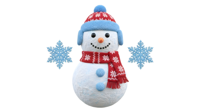 A cute snowman with a knitted hat and scarf, surrounded by snowflakes, isolated on transparent background - Powered by Adobe