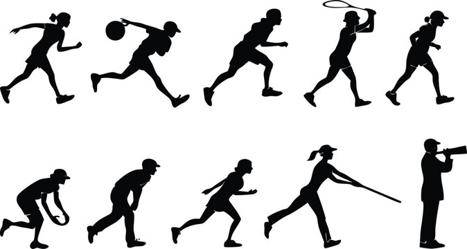Dynamic silhouettes showcasing diverse athletic activities, perfect for sports branding and fitness campaigns, originally vector graphics