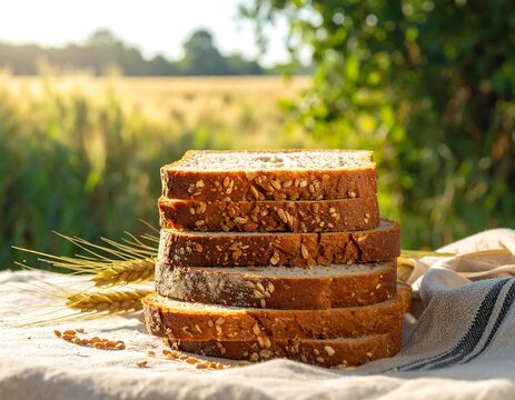 Stacked, seeded bread slices outdoors with wheat and nature background