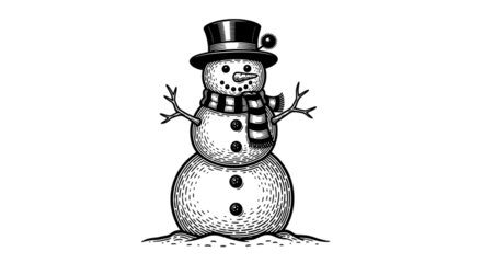 A classic handdrawn illustration of a snowman wearing a top hat and scarf, isolated on transparent background