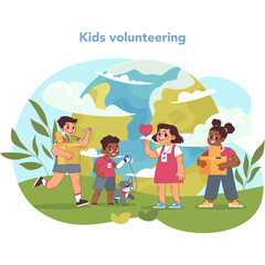 Diverse group of children in casual clothing celebrating a healthy planet with trees and clouds in the background showcasing a spirit of volunteerism and care