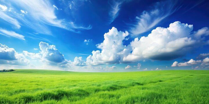 A serene green meadow under a clear blue sky with a few fluffy white clouds scattered about - Powered by Adobe