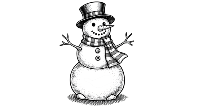 A classic handdrawn illustration of a snowman wearing a top hat and scarf, isolated on transparent background