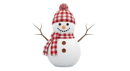 A cheerful snowman wearing a red and white checkered hat and scarf, with twig arms and coal eyes, isolated on transparent background
