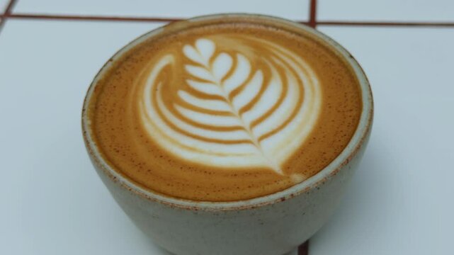 A soothing, close-up view of a professional barista skillfully creating an intricate latte art pattern, such as a heart or fern, using steamed milk in a textured beige ceramic coffee cup. The warm ton