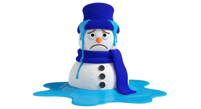 A sad, melting snowman wearing a blue hat and scarf, with water puddles around it, isolated on transparent background