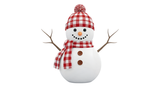 A cheerful snowman wearing a red and white checkered hat and scarf, with twig arms and coal eyes, isolated on transparent background