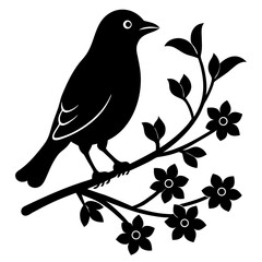 Black bird perched on a flowering branch silhouette
