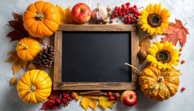 Autumn Harvest Blackboard - Pumpkins, Sunflowers, and Berries for Fall Greetings. - Powered by Adobe