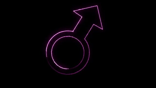 Neon male gender symbol glowing on black background.