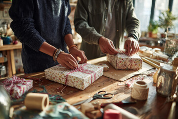 Close-up of two people wrapping Christmas gifts on wooden table at home. Preparing handmade presents for winter holidays