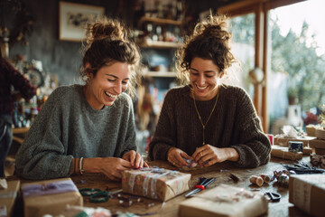 Two young smiling women sitting at wooden table and wrapping gifts at home. Concept of friendship, holiday and celebrating
