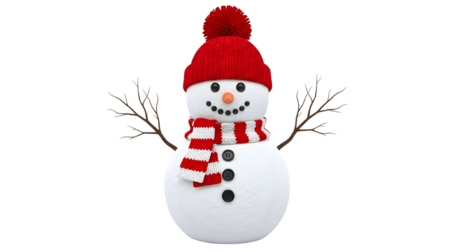 A cheerful snowman wearing a red knitted hat and a red and white striped scarf, isolated on transparent background