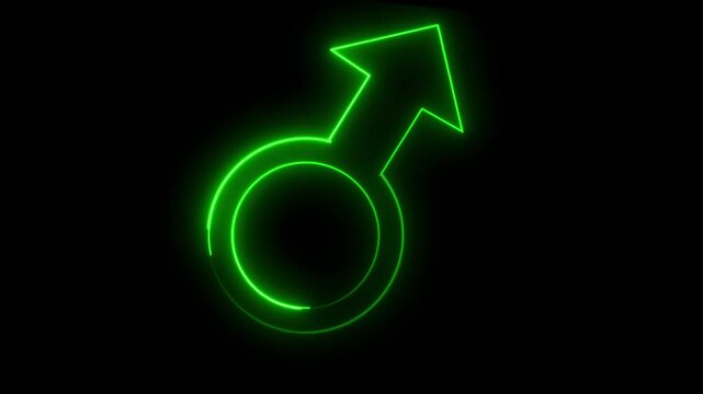 Neon male gender symbol glowing on black background.