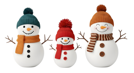 Three cheerful snowmen of varying sizes, dressed in knitted hats and scarves, stand together on a transparent background, symbolizing winter fun and holiday cheer