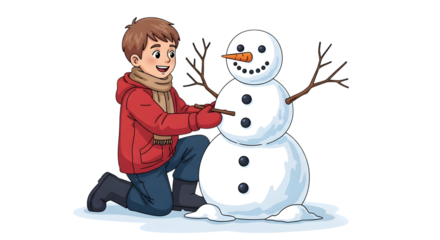 A young boy in a red jacket and scarf joyfully builds a snowman, placing a stick for its arm, on a snowy ground with a transparent background, capturing a classic winter pastime