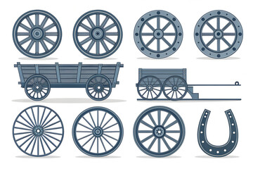Fototapeta premium A vector set of vintage wooden wagons, carts, and wheels. An icon collection including a horseshoe for historical, rustic, or western-themed designs. Generative Ai.