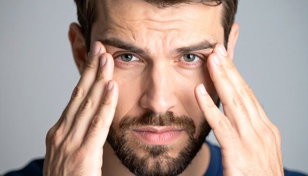 辛そうに手で頭を押さえている若い男性