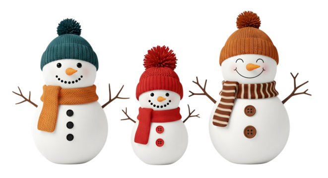 Three cheerful snowmen of varying sizes, dressed in knitted hats and scarves, stand together on a transparent background, symbolizing winter fun and holiday cheer