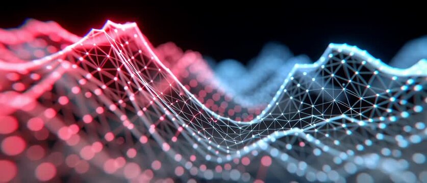 Digital network glowing with red and blue nodes and data points connected by lines forming wave patterns showcasing technology and connection flow