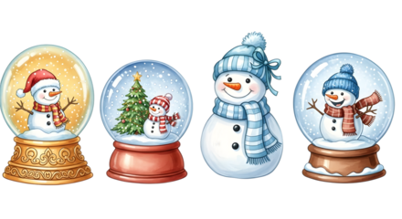 A collection of four whimsical watercolor snow globes featuring cute snowmen, a christmas tree, and festive winter scenes, perfect for holiday decoration isolated on transparent background