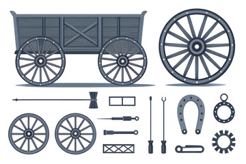 Fototapeta premium A vintage wooden cart construction set. Vector illustration of a wagon with individual repair parts like wheels, tools, and a horseshoe for assembly. Generative Ai.