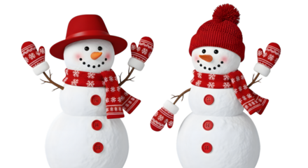 Two cheerful snowmen wearing red hats, scarves, and mittens, standing together isolated on transparent background