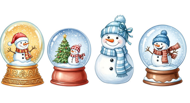 A collection of four whimsical watercolor snow globes featuring cute snowmen, a christmas tree, and festive winter scenes, perfect for holiday decoration isolated on transparent background - Powered by Adobe