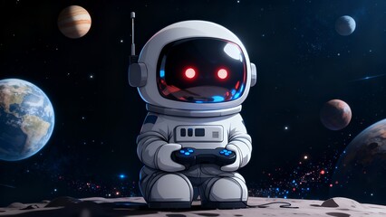 Cosmic Gamers: Mini Astronaut Playing in Starlit Space