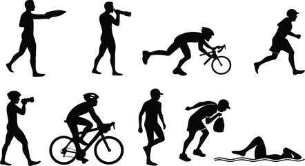 Obraz premium Fitness and sports icon collection. Includes running, cycling, exercising, and stretching symbols. Created in black silhouette style with white background
