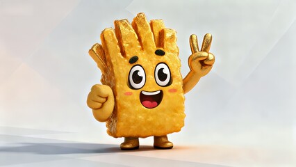 Golden Fry Character: Cheerful Fast Food Mascot with Peace Sign